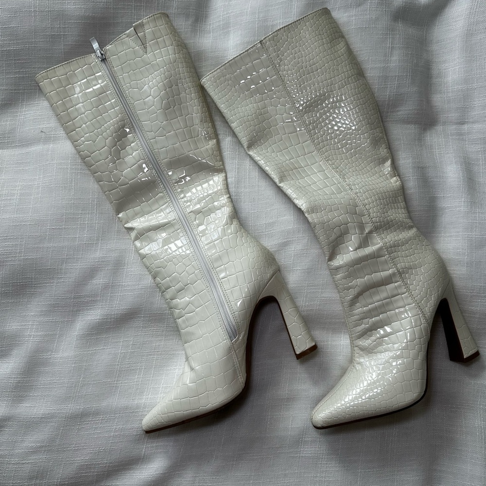 TOP Moda White Croc-Embossed Over-the-Knee Boots